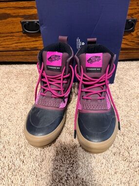 Vans Mid Lace-Up Boots in Burgundy and Bright Pink